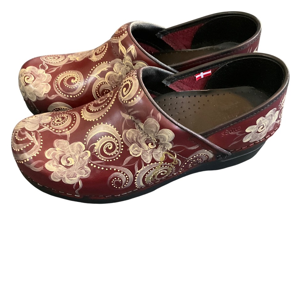 Sanita Clogs Women 39 Burgundy Floral Hand Painted Professional Leather Mules
